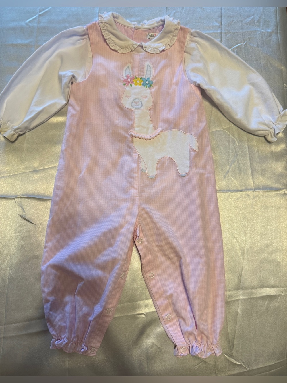 Petit Ami Pink and White Llama Applique One-Piece Size: 18M